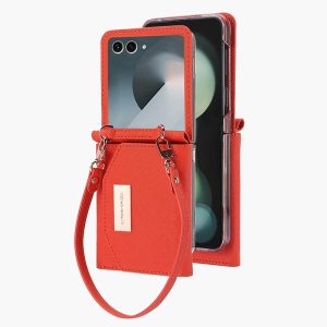 Samsung Galaxy Z Flip 7/6/5 Wallet Case with Built-in Leather Cash Slot and Credit Card Holder. Wristlet Strap and Hinge Protection, Carrying Handbag Phone Case for Women Ladies