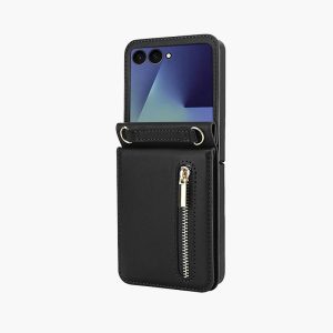 Samsung Galaxy Z Flip 7/6/5 Luxury Zipper Wallet Phone Case, Multi-Function Kickstand Card Holder Adjustable Crossbody Strap, Fashion Flip Case