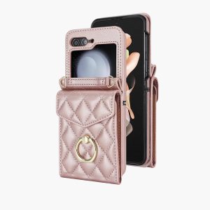 Samsung Galaxy Z Flip 7/6/5 Wallet Phone Case with Ring and Adjustable Crossbody Strap, Stylish and Muti-funtional Accordion Style Flip Case with 4 Card Slots