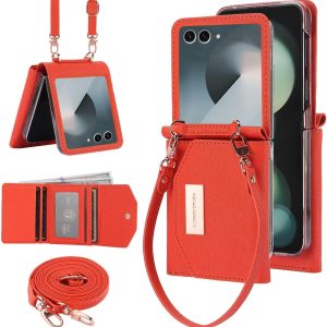 for Samsung Galaxy Z Flip 7 Wallet Case with Built-in Leather Cash Slot and Credit Card Holder. Wristlet Strap and Hinge Protection, Carrying Handbag Phone Case for Women Ladies.(Orange)