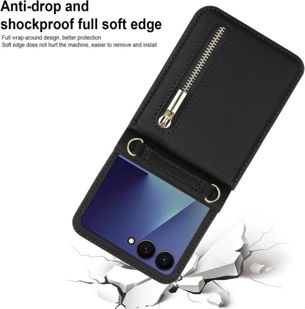 for Samsung Galaxy Z Flip 7 Luxury Zipper Wallet Phone Case, Multi-Function Kickstand Card Holder Adjustable Crossbody Strap, Fashion Flip Case.(Black)