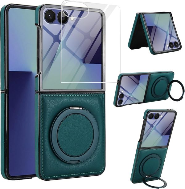 for Samsung Galaxy Z Flip 7 Case with Magnetic Ring Holder, 360 Rotating Bracket, Built-in Front Screen Protector, Slim Anti-Drop Shockproof Case.(Green)