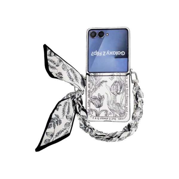 Samsung Galaxy Z Flip 7/6/5 retro black and white flat plant pattern full cover phone case, with the same color silk scarf/bracelet, exquisite line plant pattern phone case