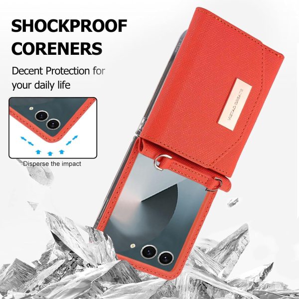 for Samsung Galaxy Z Flip 7 Wallet Case with Built-in Leather Cash Slot and Credit Card Holder. Wristlet Strap and Hinge Protection, Carrying Handbag Phone Case for Women Ladies.(Orange)