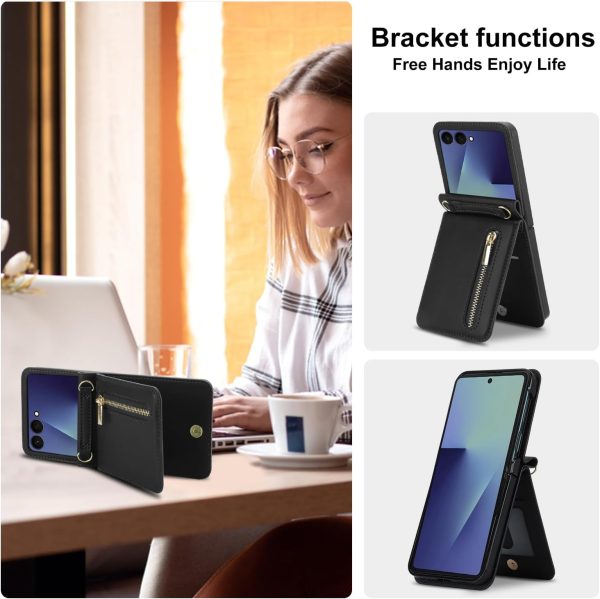 for Samsung Galaxy Z Flip 7 Luxury Zipper Wallet Phone Case, Multi-Function Kickstand Card Holder Adjustable Crossbody Strap, Fashion Flip Case.(Black)