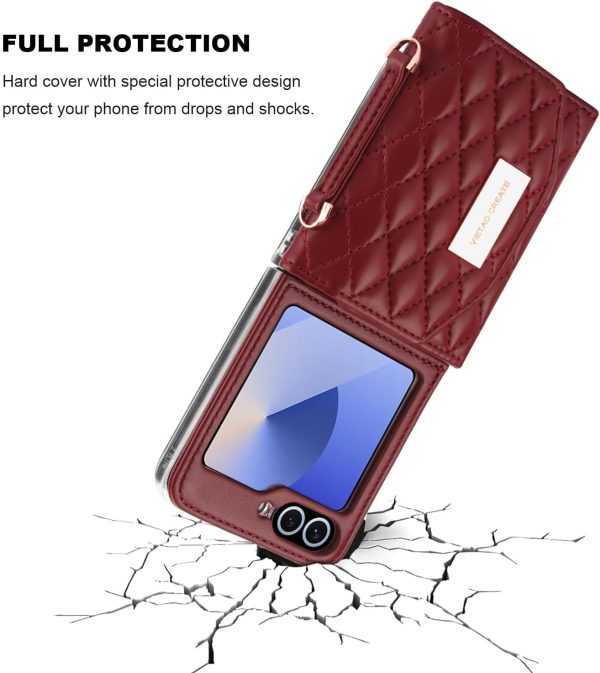 for Samsung Galaxy Z Flip 7 Wallet Case with Built-in Leather Cash Slot and Credit Card Holder, Adjustable Crossbody Strap, Hinge Protection for Women Ladies.(Red)
