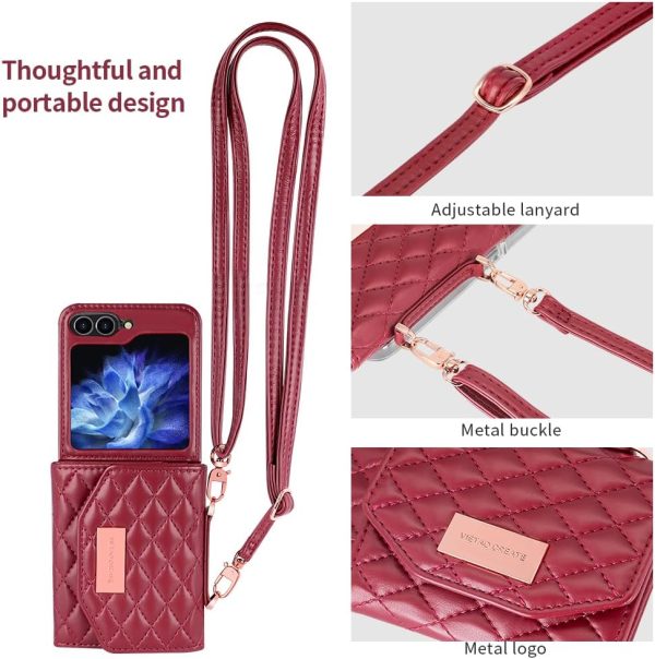 for Samsung Galaxy Z Flip 7 Wallet Case with Built-in Leather Cash Slot and Credit Card Holder, Adjustable Crossbody Strap, Hinge Protection for Women Ladies.(Red)