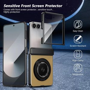 for Samsung Galaxy Z Flip 7 Case with Magnetic Ring Holder, 360 Rotating Bracket, Hinge Protection & Built-in Front Screen Protector, Slim Anti-Drop Shockproof Case.(Gold)