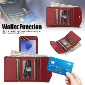 for Samsung Galaxy Z Flip 7 Wallet Case with Built-in Leather Cash Slot and Credit Card Holder, Adjustable Crossbody Strap, Hinge Protection for Women Ladies.(Red)