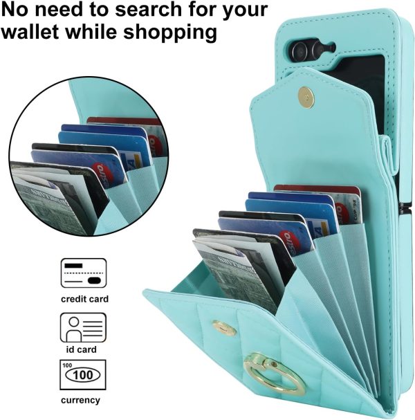 for Samsung Galaxy Z Flip 7 Wallet Phone Case with Ring and Adjustable Crossbody Strap, Stylish and Muti-funtional Accordion Style Flip Case with 4 Card Slots .（Green）