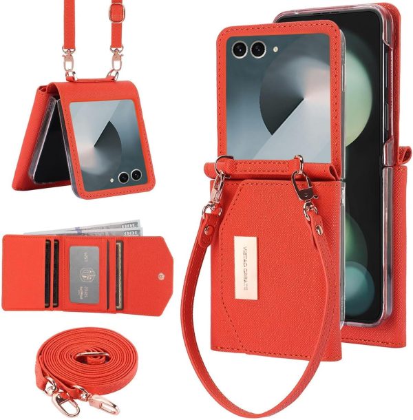 for Samsung Galaxy Z Flip 7 Wallet Case with Built-in Leather Cash Slot and Credit Card Holder. Wristlet Strap and Hinge Protection, Carrying Handbag Phone Case for Women Ladies.(Orange)