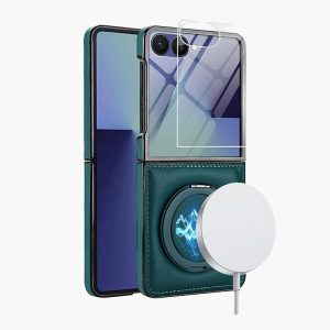 Samsung Galaxy Z Flip 7 Case with Magnetic Ring Holder, 360 Rotating Bracket, Built-in Front Screen Protector, Slim Anti-Drop Shockproof Case