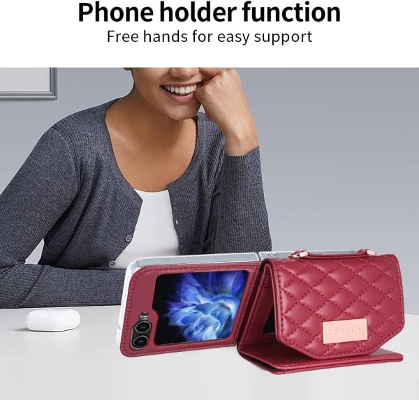 for Samsung Galaxy Z Flip 7 Wallet Case with Built-in Leather Cash Slot and Credit Card Holder, Adjustable Crossbody Strap, Hinge Protection for Women Ladies.(Red)
