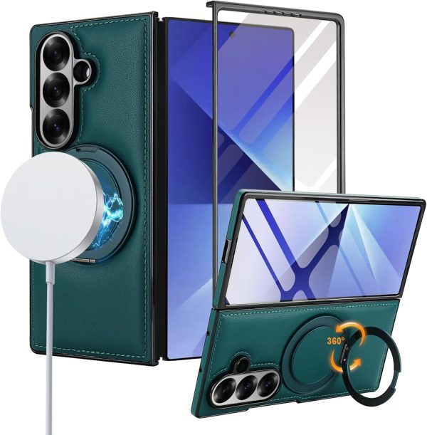 for Samsung Galaxy Z Fold 7 Case with Magnetic Ring Holder, 360 Rotating Bracket, Built-in Front Screen Protector, Slim Anti-Drop Shockproof Case.(Green)