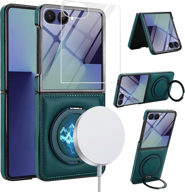 for Samsung Galaxy Z Flip 7 Case with Magnetic Ring Holder, 360 Rotating Bracket, Built-in Front Screen Protector, Slim Anti-Drop Shockproof Case.(Green)