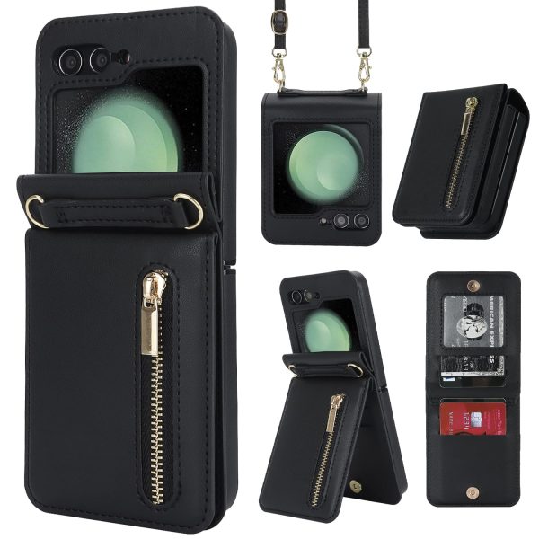 for Samsung Galaxy Z Flip 7 Luxury Zipper Wallet Phone Case, Multi-Function Kickstand Card Holder Adjustable Crossbody Strap, Fashion Flip Case.(Black)