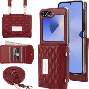 for Samsung Galaxy Z Flip 7 Wallet Case with Built-in Leather Cash Slot and Credit Card Holder, Adjustable Crossbody Strap, Hinge Protection for Women Ladies.(Red)
