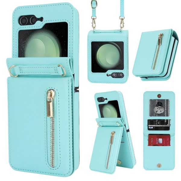 for Samsung Galaxy Z Flip 7 Luxury Zipper Wallet Phone Case, Multi-Function Kickstand Card Holder Adjustable Crossbody Strap, Fashion Flip Case.(Black)