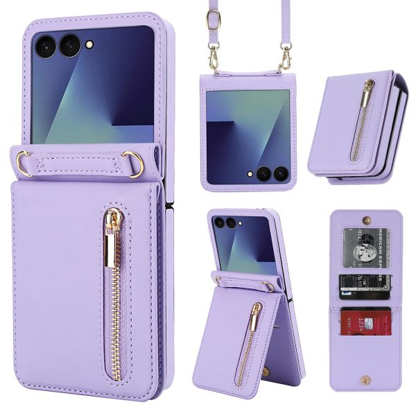 for Samsung Galaxy Z Flip 7 Luxury Zipper Wallet Phone Case, Multi-Function Kickstand Card Holder Adjustable Crossbody Strap, Fashion Flip Case.(Black)