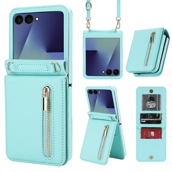 for Samsung Galaxy Z Flip 7 Luxury Zipper Wallet Phone Case, Multi-Function Kickstand Card Holder Adjustable Crossbody Strap, Fashion Flip Case.(Black)
