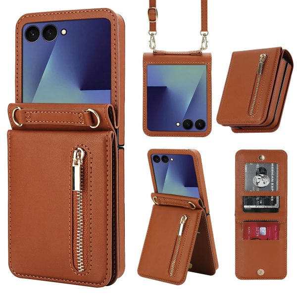 for Samsung Galaxy Z Flip 7 Luxury Zipper Wallet Phone Case, Multi-Function Kickstand Card Holder Adjustable Crossbody Strap, Fashion Flip Case.(Black)
