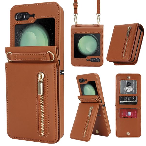 for Samsung Galaxy Z Flip 7 Luxury Zipper Wallet Phone Case, Multi-Function Kickstand Card Holder Adjustable Crossbody Strap, Fashion Flip Case.(Black)