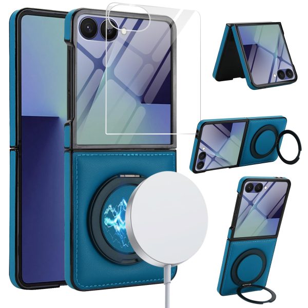 for Samsung Galaxy Z Flip 7 Case with Magnetic Ring Holder, 360 Rotating Bracket, Built-in Front Screen Protector, Slim Anti-Drop Shockproof Case.(Green)