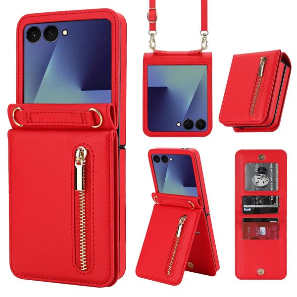 for Samsung Galaxy Z Flip 7 Luxury Zipper Wallet Phone Case, Multi-Function Kickstand Card Holder Adjustable Crossbody Strap, Fashion Flip Case.(Black)
