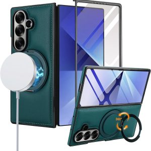 for Samsung Galaxy Z Fold 7 Case with Magnetic Ring Holder, 360 Rotating Bracket, Built-in Front Screen Protector, Slim Anti-Drop Shockproof Case.(Green)