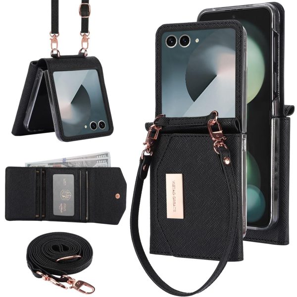 for Samsung Galaxy Z Flip 7 Wallet Case with Built-in Leather Cash Slot and Credit Card Holder. Wristlet Strap and Hinge Protection, Carrying Handbag Phone Case for Women Ladies.(Orange)