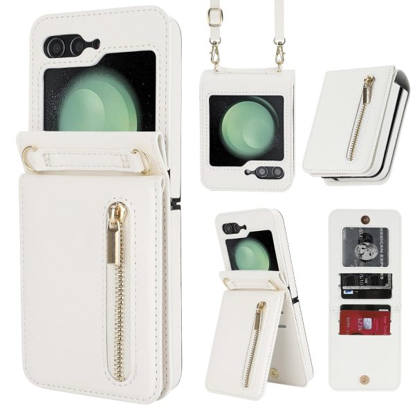 for Samsung Galaxy Z Flip 7 Luxury Zipper Wallet Phone Case, Multi-Function Kickstand Card Holder Adjustable Crossbody Strap, Fashion Flip Case.(Black)