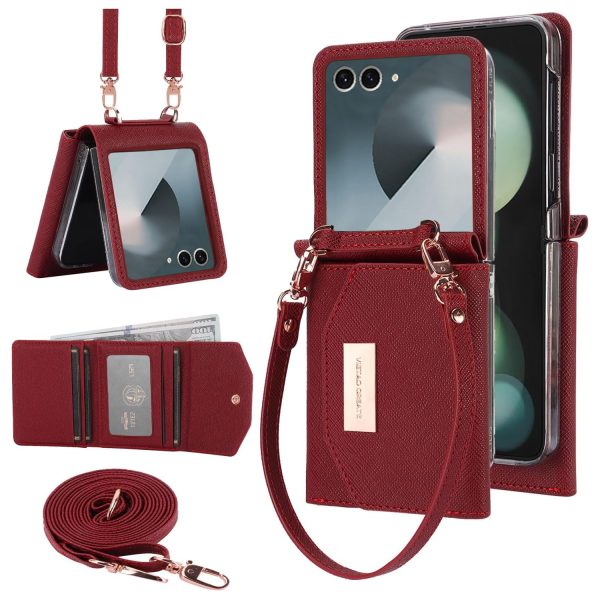 for Samsung Galaxy Z Flip 7 Wallet Case with Built-in Leather Cash Slot and Credit Card Holder. Wristlet Strap and Hinge Protection, Carrying Handbag Phone Case for Women Ladies.(Orange)