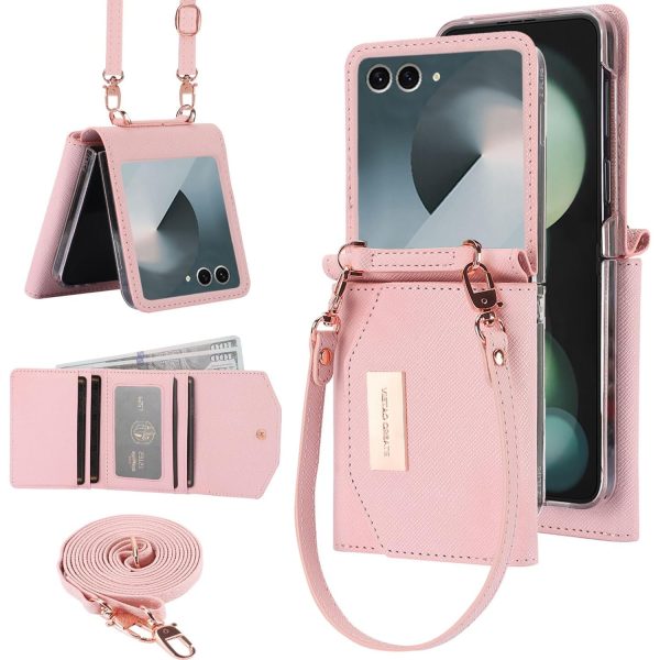 for Samsung Galaxy Z Flip 7 Wallet Case with Built-in Leather Cash Slot and Credit Card Holder. Wristlet Strap and Hinge Protection, Carrying Handbag Phone Case for Women Ladies.(Orange)