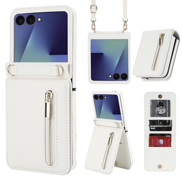 for Samsung Galaxy Z Flip 7 Luxury Zipper Wallet Phone Case, Multi-Function Kickstand Card Holder Adjustable Crossbody Strap, Fashion Flip Case.(Black)