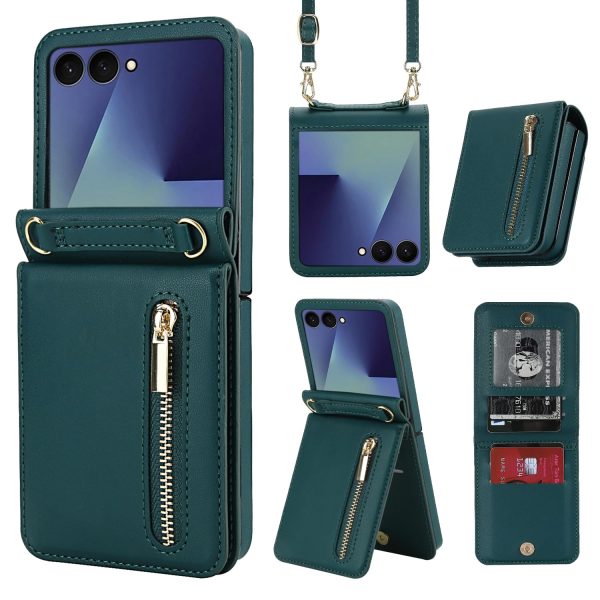 for Samsung Galaxy Z Flip 7 Luxury Zipper Wallet Phone Case, Multi-Function Kickstand Card Holder Adjustable Crossbody Strap, Fashion Flip Case.(Black)
