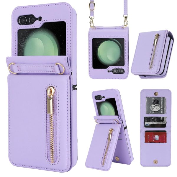 for Samsung Galaxy Z Flip 7 Luxury Zipper Wallet Phone Case, Multi-Function Kickstand Card Holder Adjustable Crossbody Strap, Fashion Flip Case.(Black)