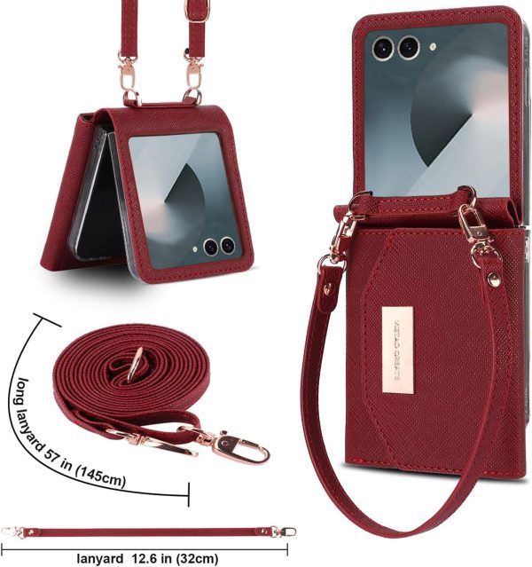 for Samsung Galaxy Z Flip 7 Wallet Case with Built-in Leather Cash Slot and Credit Card Holder. Wristlet Strap and Hinge Protection, Carrying Handbag Phone Case for Women Ladies.(Orange)