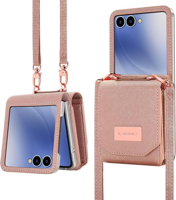for Samsung Galaxy Z Flip 7 Accordion Crossbody Wallet Case, Card Slots Large Capacity, Photo Window, Stylish and Versatile Accessory.(Rose Gold)