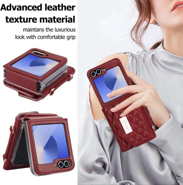 for Samsung Galaxy Z Flip 7 Wallet Case with Built-in Leather Cash Slot and Credit Card Holder, Adjustable Crossbody Strap, Hinge Protection for Women Ladies.(Red)