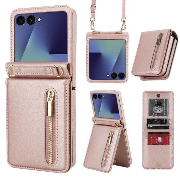 for Samsung Galaxy Z Flip 7 Luxury Zipper Wallet Phone Case, Multi-Function Kickstand Card Holder Adjustable Crossbody Strap, Fashion Flip Case.(Black)