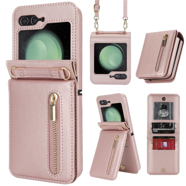 for Samsung Galaxy Z Flip 7 Luxury Zipper Wallet Phone Case, Multi-Function Kickstand Card Holder Adjustable Crossbody Strap, Fashion Flip Case.(Black)