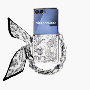 Samsung Galaxy Z Flip 7/6/5 retro black and white flat plant pattern full cover phone case, with the same color silk scarf/bracelet, exquisite line plant pattern phone case