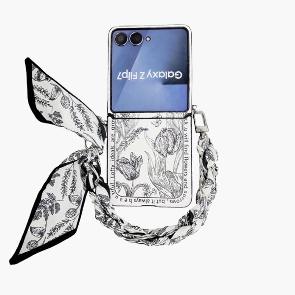 Samsung Galaxy Z Flip 7/6/5 retro black and white flat plant pattern full cover phone case, with the same color silk scarf/bracelet, exquisite line plant pattern phone case
