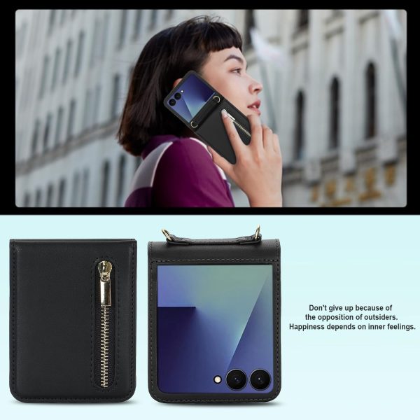 for Samsung Galaxy Z Flip 7 Luxury Zipper Wallet Phone Case, Multi-Function Kickstand Card Holder Adjustable Crossbody Strap, Fashion Flip Case.(Black)