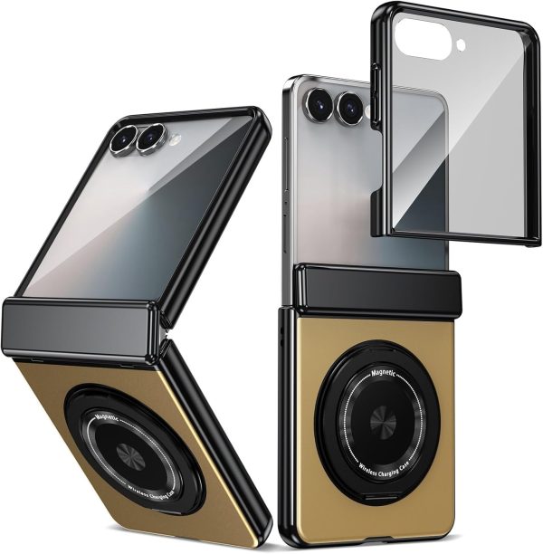 for Samsung Galaxy Z Flip 7 Case with Magnetic Ring Holder, 360 Rotating Bracket, Hinge Protection & Built-in Front Screen Protector, Slim Anti-Drop Shockproof Case.(Gold)