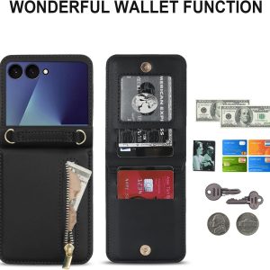 for Samsung Galaxy Z Flip 7 Luxury Zipper Wallet Phone Case, Multi-Function Kickstand Card Holder Adjustable Crossbody Strap, Fashion Flip Case.(Black)