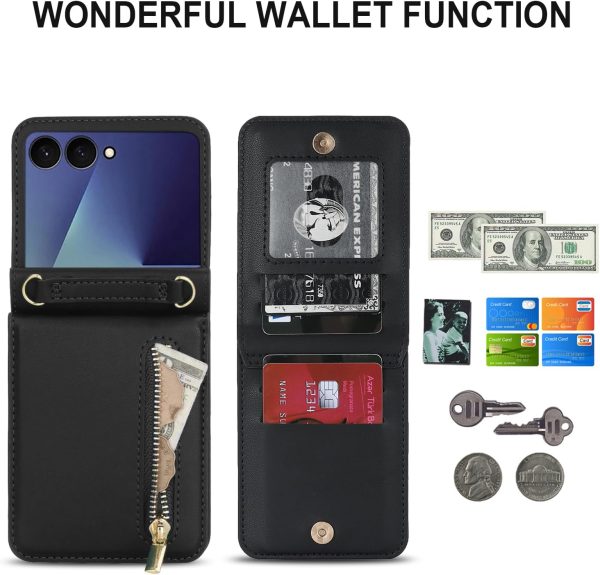 for Samsung Galaxy Z Flip 7 Luxury Zipper Wallet Phone Case, Multi-Function Kickstand Card Holder Adjustable Crossbody Strap, Fashion Flip Case.(Black)