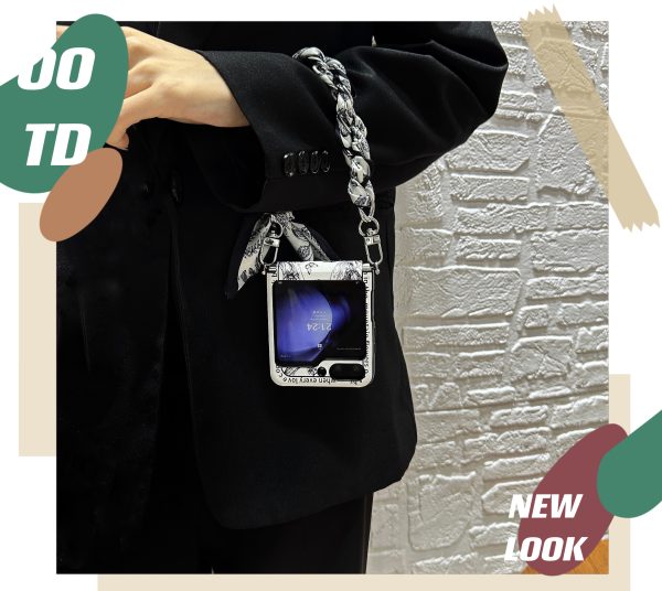 Samsung Galaxy Z Flip 7/6/5 retro black and white flat plant pattern full cover phone case, with the same color silk scarf/bracelet, exquisite line plant pattern phone case - Image 8