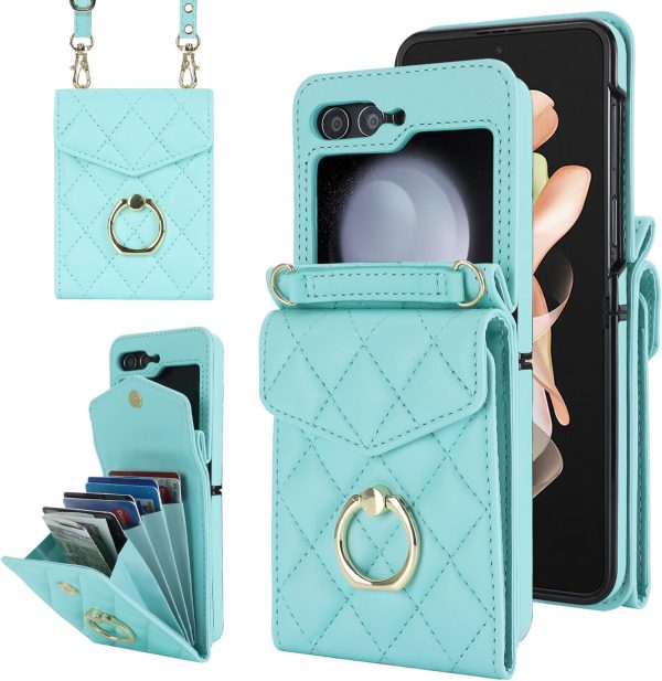 for Samsung Galaxy Z Flip 7 Wallet Phone Case with Ring and Adjustable Crossbody Strap, Stylish and Muti-funtional Accordion Style Flip Case with 4 Card Slots .（Green）