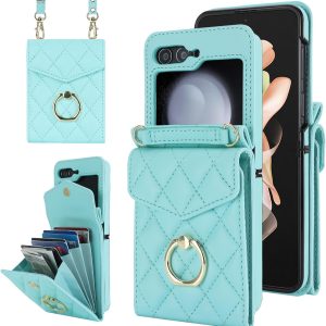for Samsung Galaxy Z Flip 7 Wallet Phone Case with Ring and Adjustable Crossbody Strap, Stylish and Muti-funtional Accordion Style Flip Case with 4 Card Slots .（Green）